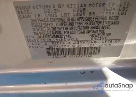 2024 Nissan Versa 1.6 S from USA, damaged, VIN 3N1CN8DV9RL877415